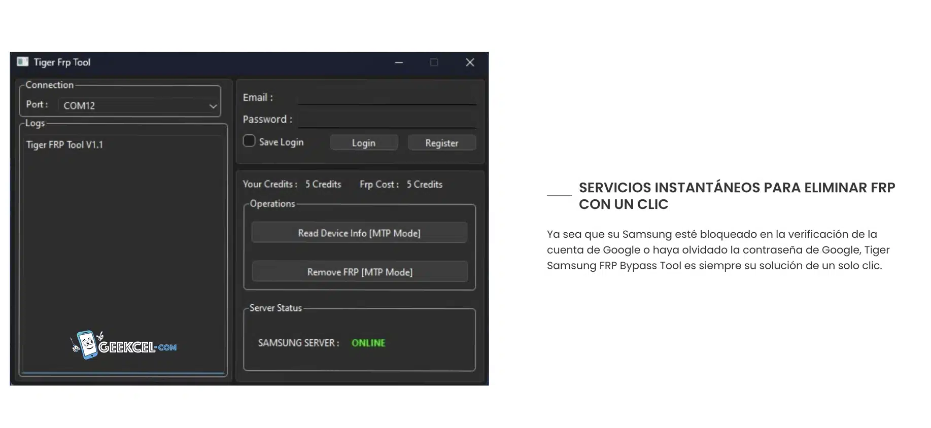 Tiger Tool FRP Samsung Bypass Créditos de Servidor interfaz o referencia visual
