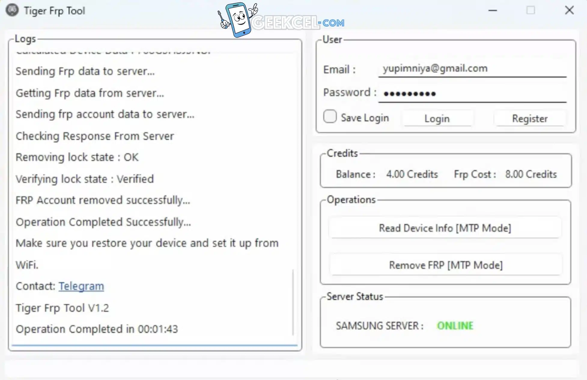 Tiger Tool FRP Samsung Bypass Créditos de Servidor interfaz o referencia visual