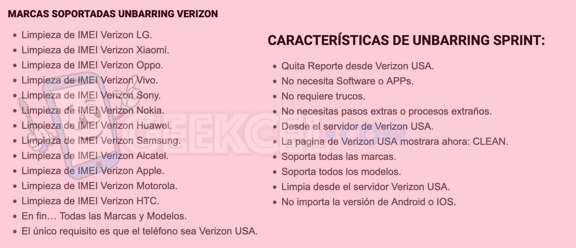 Limpieza Verizon USA Caracteristicas Limpieza Verizon USA Caracteristicas