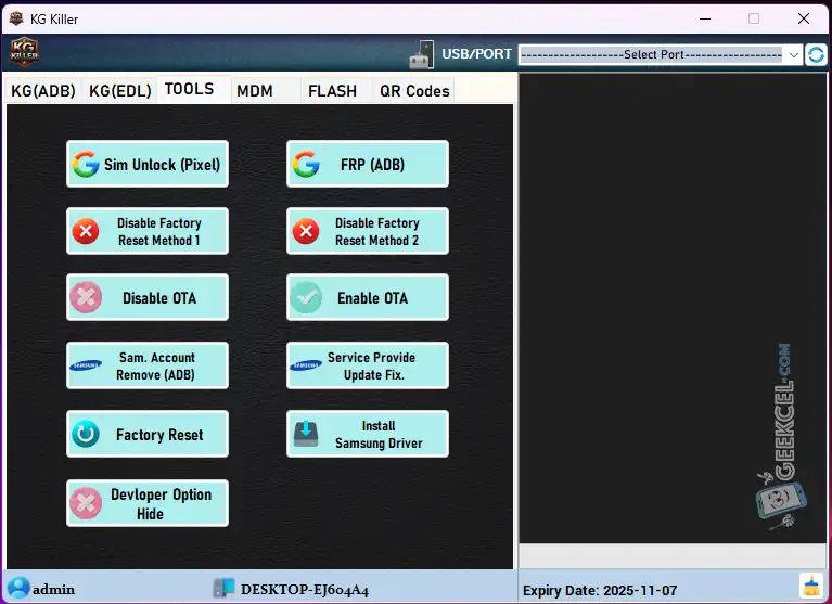 KG Killer Tool - Pantalla de activación y registro del software
